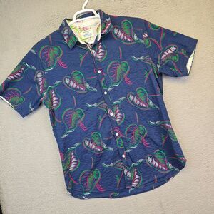 Paper Denim and Cloth Shirt Mens L Blue Classic Fit Tropical Hawaiian Seersucker